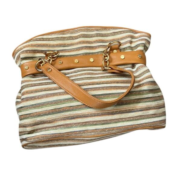 Bodhi Tan Brown Striped Hand Bag‎ Purse Leather Accents - Picture 1 of 9